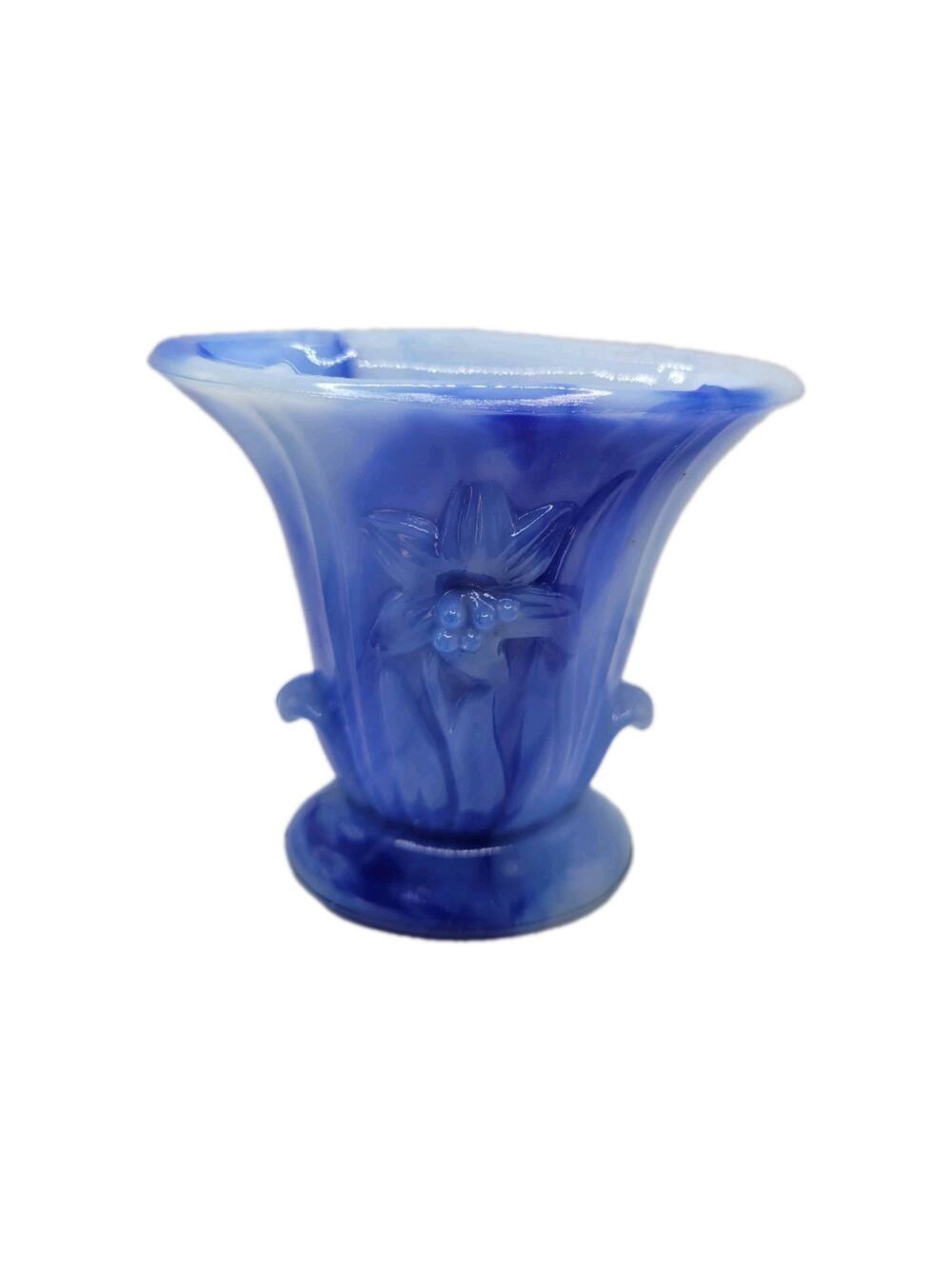 Vintage Akro Agate Slag Glass Vase Daffodil Design Blue